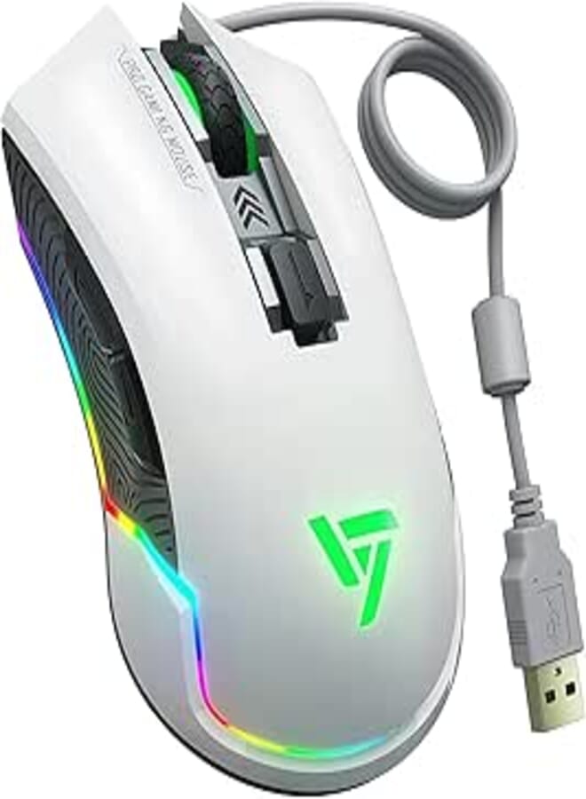 VicTsing Pro RGB Gaming Mouse Wired, 16.8 Million Chroma RGB Backlit, 7250 DPI Optical Sensor, 6 Programmable Buttons Computer USB Gaming Mice with 6 Adjustable DPI Levels, Ergonomic Grips -White